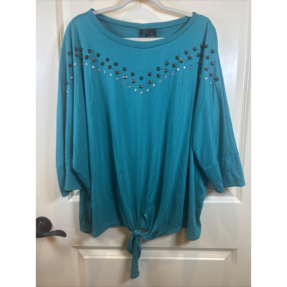Vintage Y2K New Directions Teal 3/4th Sleeve Tie Waist Top Studded Size 1X